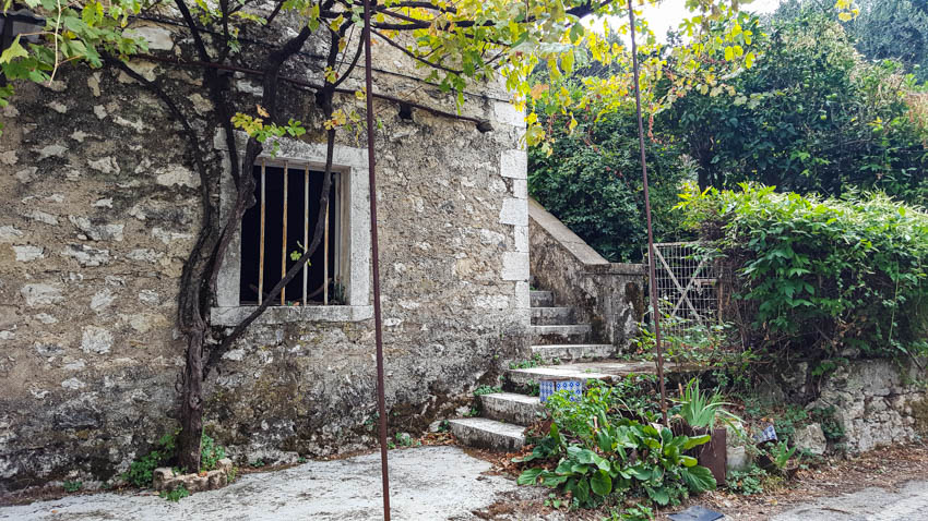 oude druivenstruik siert natuurstenen huis in de bergen